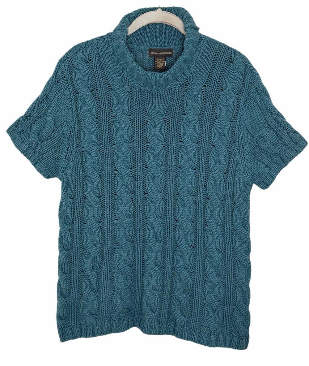 Banana Republic Y2k 01 Teal Cableknit Wool Turtleneck Short Sleeve Vest Sweater